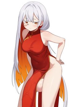 Rule 34 | 1girl, absurdres, bare arms, breasts, china dress, chinese clothes, closed mouth, colored inner hair, covered navel, covered penis, cowboy shot, dress, futanari, highres, huge penis, huge testicles, large breasts, long hair, looking at viewer, mikoscrub, monocle, multicolored hair, orange hair, pelvic curtain, penis, prism virtual, red dress, second-party source, simple background, sleeveless, sleeveless dress, solo, testicles, very long hair, white background, white hair, yellow eyes, zalozz