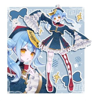 1girl absurdres alternate_costume alternate_hairstyle asymmetrical_legwear bandaged_leg bandages blue_background blue_bow blue_dress blue_hair blue_shirt boots bow chinese_clothes dress frilled_sleeves frills full_body hair_extensions halloween_costume hand_up hat highres jiangshi_costume long_hair long_sleeves looking_at_viewer mahou_shoujo_no_majo_saiban mochimochio multiple_views ofuda ofuda_on_head open_mouth outline outstretched_arms qingdai_guanmao red_boots ring_hair_extensions shirt sleeves_past_fingers sleeves_past_wrists smile spread_arms standing tachibana_sherry thigh_boots white_outline wide_sleeves yellow_eyes