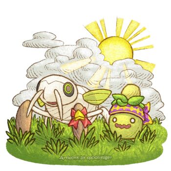 artist_name black_sclera bug cloud colored_sclera commentary english_commentary english_text gen_3_pokemon grass green_eyes headband nincada nintendo no_humans o_o open_mouth outdoors pokemon pokemon_(creature) pokemon_focus pokemon_ribbon ribbon smoliv spoonyliger sun sunrise transparent_background wavy_mouth