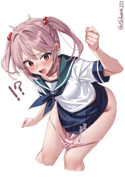 !? 1girl arm_up arrow_(symbol) assisted_exposure blue_neckerchief blue_skirt blush bow bow_panties breasts clenched_hand collarbone commentary_request cropped_legs ebifurya green_sailor_collar hair_between_eyes hair_bobbles hair_intakes hair_ornament highres kantai_collection leaning_forward looking_down neckerchief one-hour_drawing_challenge open_mouth panties panty_pull pink_hair pink_panties pleated_skirt rabbit red_eyes sailor_collar sazanami_(kancolle) school_uniform serafuku shirt short_sleeves simple_background skirt small_breasts small_sweatdrop solo sweat twintails twitter_username underwear v-shaped_eyebrows white_background white_shirt