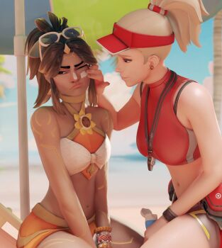 2girls 3d absurdres alternate_costume alternate_eye_color alternate_hairstyle applying_sunscreen bare_shoulders beach beach_umbrella blonde_hair blurry body_freckles bracelet breasts brown_eyes brown_hair closed_mouth cloud commentary crop_top dark-skinned_female dark_skin depth_of_field english_commentary english_text eyewear_on_head freckles fugtrup hat high_ponytail highres horizon illari_(overwatch) jewelry large_breasts lifeguard lifeguard_mercy light_frown light_smile long_hair looking_at_another medium_breasts mercy mercy_(overwatch) midriff multiple_girls navel outdoors overwatch overwatch_2 palm_tree peruvian_female ponytail poolside_illari protected_link red_hat shoulder_freckles sitting tree umbrella visor_cap water whistle whistle_around_neck white-framed_eyewear