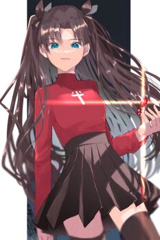 Rule 34 | 1girl, black background, black bow, black skirt, black thighhighs, blue eyes, border, bow, breasts, brown hair, closed mouth, colored inner hair, commentary request, cowboy shot, cross, cross print, fate/stay night, fate (series), gem, grey hair, hair bow, hand up, highres, long hair, long sleeves, looking at viewer, medium breasts, multicolored hair, outside border, parted bangs, pleated skirt, red gemstone, red sweater, ro96cu, simple background, skirt, solo, standing, sweater, thighhighs, tohsaka rin, turtleneck, turtleneck sweater, two side up, white border