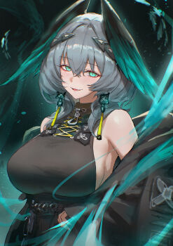 1girl absurdres aqua_background aqua_eyes aqua_wings arknights bare_shoulders black_background black_coat black_shirt black_wings blush breasts coat commentary earrings fang gradient_wings grey_hair hair_between_eyes head_wings highres ho&#039;olheyak_(arknights) ho&#039;olheyak_(ritual_of_immortality)_(arknights) huge_breasts jewelry long_hair looking_at_viewer multicolored_wings off_shoulder official_alternate_costume open_clothes open_coat parted_lips shirt simple_background sleeveless sleeveless_shirt slit_pupils snake_girl two-tone_wings uof upper_body wings