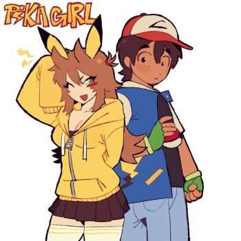 1boy 1girl ;d alternate_skin_color animal_ears animification antenna_hair arm_up ash_ketchum ash_ketchum_(cosplay) baseball_cap black_eyes black_shirt black_skirt blue_jacket blue_pants blush_stickers breasts brown_hair cleavage commentary cosplay couple cowboy_shot dark-skinned_male dark_skin denim drawstring edd_(eddsworld) eddsworld english_commentary english_text eye_contact facial_hair fake_animal_ears fake_tail fingerless_gloves flipped_hair gen_1_pokemon gloves goatee_stubble green_gloves grey_eyes hair_between_eyes hair_bobbles hair_ears hair_ornament hat height_difference hetero highres hood hood_down hoodie jacket jeans letterman_jacket long_hair looking_at_another medium_breasts nintendo one_eye_closed open_clothes open_jacket open_mouth pants pikachu pikachu_(cosplay) pikachu_ears pikachu_tail pleated_skirt poke_ball poke_ball_(basic) pokemon pokemon_(anime) pokemon_(classic_anime) pokemon_tail rincloudd s3rl shirt short_hair sidelocks simple_background skirt sleeves_past_fingers sleeves_past_wrists smile song_name standing stubble tail tan thighhighs tori_(eddsworld) white_background white_thighhighs yellow_hoodie zettai_ryouiki zipper