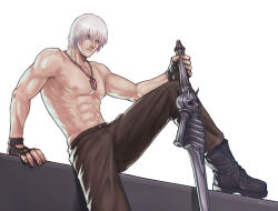 Rule 34 | 1boy, abs, bare shoulders, bishounen, blue eyes, boots, collarbone, dante (devil may cry), devil may cry, devil may cry (series), devil may cry 3, fingerless gloves, gloves, hair between eyes, holding, ika vergi, jewelry, large pectorals, long hair, male focus, muscular, muscular male, necklace, pectorals, rebellion (sword), simple background, solo, sword, topless male, weapon, white background, white hair