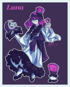 Rule 34 | 1girl, alternate color, aqua eyes, black bow, blue skin, border, bow, bright pupils, character name, closed mouth, colored skin, creature and personification, dated, dress, empty eyes, eyelashes, full body, gem, hair bow, hat, highres, holding, holding staff, long hair, long sleeves, moonflower (plants vs. zombies), original, outline, personification, plants vs. zombies, plants vs. zombies 2, purple gemstone, purple hair, purple hat, signature, staff, user vsvc2775, white border, white dress, white outline, white pupils