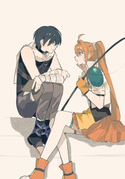 Rule 34 | 1boy, 1girl, ahoge, antenna hair, armor, asprosgy, bandaged arm, bandages, black hair, blush, book, boots, brown gloves, brown hair, closed mouth, cropped jacket, eiyuu densetsu, estelle bright, fingerless gloves, gloves, grey background, hair between eyes, hair intakes, hashtag-only commentary, highres, holding, holding book, joshua bright, long hair, open book, pauldrons, red eyes, scarf, shadow, shoes, short sleeves, shoulder armor, simple background, single pauldron, sitting, skirt, sleeveless, smile, sneakers, sora no kiseki, twintails, very long hair, white scarf, yellow eyes