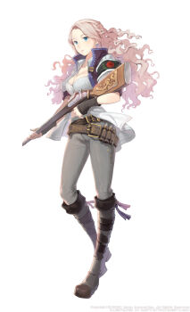 ammunition_belt armband belt belt_buckle black_armband black_gloves blue_eyes blush boots braid breasts brown_belt buckle caesty clovis_lilburne collarbone collared_shirt collared_vest commentary_request curly_hair dated_commentary earrings fingerless_gloves floating_hair floral_print full_body gloves gold_buckle grey_boots grey_pants gun half_up_half_down_braid high_collar highres holding holding_gun holding_weapon jewelry knee_boots korean_commentary large_breasts lips long_shirt long_sidelocks looking_at_viewer multiple_belts nexon official_art pants parted_lips partially_open_shirt pink_hair production_art puffy_short_sleeves puffy_sleeves purple_vest rifle rose_print shirt short_sleeves sidelocks simple_background sleeve_cuffs standing tales_weaver tight_clothes tight_pants vest weapon white_background white_shirt white_sleeves wing_collar