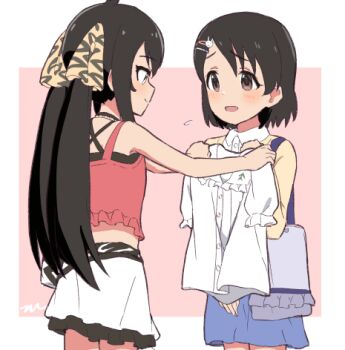 2girls :d aayh animal_print bag black_hair blue_skirt blush brown_eyes camisole closed_mouth collared_shirt commentary_request crop_top dress_shirt flying_sweatdrops frilled_shirt_collar frills hair_ribbon hand_up idolmaster idolmaster_cinderella_girls idolmaster_cinderella_girls_u149 jacket leopard_print long_hair lowres matoba_risa midriff multiple_girls open_mouth pink_background print_ribbon profile puffy_short_sleeves puffy_sleeves red_camisole ribbon sasaki_chie shirt short_sleeves skirt smile twintails two-tone_background very_long_hair white_background white_shirt white_skirt yellow_jacket