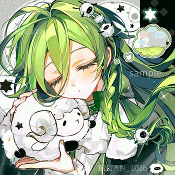 1girl ahoge animal animated animated_gif ascot blinking blush braid closed_mouth double-parted_bangs green_hair green_jacket hair_between_eyes hair_intakes holding holding_animal jacket long_hair long_hair_between_eyes looking_at_viewer open_clothes open_jacket original petting pianjian portrait purple_eyes sample_watermark sheep shirt single_braid smile solo star_(symbol) watermark white_ascot white_shirt