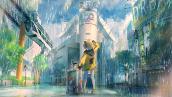 1girl appare_hinata blonde_hair company_name copyright_notice dated day english_text facing_away from_behind full_body highres holding holding_suitcase hood hood_down hooded_jacket jacket lamppost official_art outdoors real_world_location rolling_suitcase shibuya_(tokyo) shibuya_109 shoes short_hair skirt standing suitcase tokyo_(city) train tree twintails virtual_youtuber weather_planet yellow_jacket you_shimizu