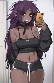 1girl ace_glitch bare_shoulders black_choker black_shorts bleach breasts cellphone choker cleavage clothes_writing collarbone commentary cowboy_shot crop_top dark-skinned_female dark_skin detached_sleeves dolphin_shorts ear_piercing english_commentary highres holding holding_phone large_breasts long_hair looking_at_viewer mouth_hold open_mouth parted_bangs phone piercing purple_hair selfie shihouin_yoruichi short_shorts shorts smartphone solo teeth_hold thick_eyelashes thighs yellow_eyes