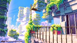 animated balcony cloud floating_island livepixelart looping_animation no_humans pixel_art plant potted_plant railing scenery sky tagme video