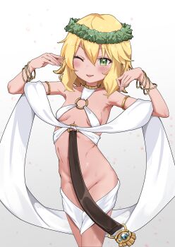1girl absurdres arms_up blonde_hair blush bracelet breasts celestine_lucullus celestine_lucullus_(cosplay) commission cosplay cowboy_shot green_eyes head_wreath highres idolmaster idolmaster_cinderella_girls jewelry kuroinu_~kedakaki_seijo_wa_hakudaku_ni_somaru~ loli looking_at_viewer merlt multiple_bracelets no_panties o-ring o-ring_top one_eye_closed open_mouth pixiv_commission revealing_clothes sakurai_momoka short_hair small_breasts solo standing