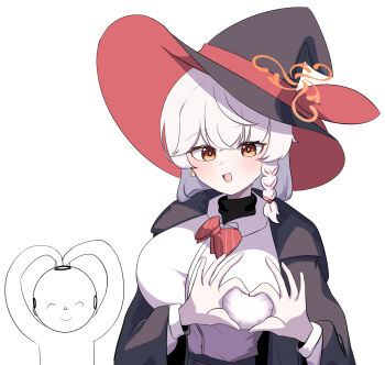 1girl 1other blue_archive blush bow braid breasts doodle_sensei_(blue_archive) earrings eri_(blue_archive) hat heart heart_hands highres hood hooded_jacket jacket jewelry korean_commentary large_breasts open_mouth red_bow sabnak66 sensei_(blue_archive) shirt white_hair white_shirt witch_hat yellow_eyes