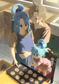 1boy :o alternate_hair_length alternate_hairstyle aqua_(konosuba) blue_dress blue_eyes blue_hair blue_hoodie blue_skirt blush brown_hair brown_shirt child commentary_request cookie cooking decorating_baked_goods dress family father_and_daughter food green_eyes hair_between_eyes hair_bun hair_ornament hair_rings hetero highres holding hood hoodie hug husband_and_wife if_they_mated indoors izawa_(bhive003) jewelry kitchen kono_subarashii_sekai_ni_shukufuku_wo! light_blush looking_at_another mother_and_daughter multiple_girls neck_ribbon pink_dress pregnant ribbon ring satou_kazuma shirt short_hair single_hair_bun single_hair_ring skirt sphere_hair_ornament wedding_ring window windowsill