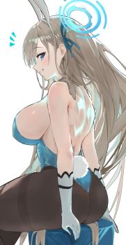 Rule 34 | 1girl, animal ears, aqua leotard, ass, asuna (blue archive), asuna (bunny) (blue archive), backless leotard, black pantyhose, blonde hair, blue archive, blue halo, blue leotard, blush, breasts, bunny day, commentary request, dx (xxer4838), fake animal ears, fake tail, gloves, grin, halo, highres, large breasts, leotard, long hair, looking at viewer, official alternate costume, pantyhose, playboy bunny, profile, rabbit ears, rabbit tail, sideboob, sideways glance, simple background, sitting, smile, solo, strapless, strapless leotard, tail, thick thighs, thighs, very long hair, white background, white gloves