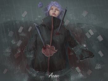 1girl absurdres acooc akatsuki_uniform angel blood death dress highres konan_(naruto) naruto_(classic) naruto_(series) ninja open_mouth papyrokinesis purple_hair rain short_hair solo