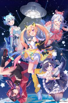 5girls animal_ears bang_dream! bang_dream!_mugendai_mewtype black_dress black_hair black_skirt blonde_hair blue_dress blue_eyes blue_hair blush brown_hair commentary_request dress earrings earth_(planet) elbow_gloves fake_animal_ears fuji_miyako fuji_miyako_(artist) gloves hat headphones highres jewelry long_hair minetsuki_ritsu miyanaga_nonoka multicolored_hair multiple_girls nakamachi_arale one_eye_closed open_mouth outdoors pink_dress pink_hair planet sengoku_yuno shoes short_hair skirt space star_(sky) twintails two-tone_hair ufo yellow_dress yellow_eyes