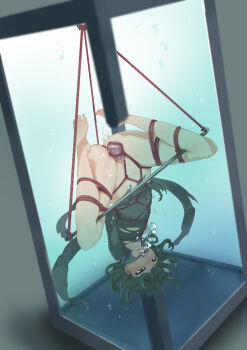 1girl absurdres asphyxiation bad_id bad_pixiv_id bdsm blush bondage bottomless bound dress drowning female_focus flat_chest gag gagged game-over green_hair highres one-punch_man peril pussy red_rope rope second-party_source sex_toy shibari solo spread_legs spreader_bar suspension tatsumaki torn_clothes torn_dress uncensored underwater upside-down vibrator