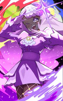 1girl ascot blush breasts dark-skinned_female dark_skin dress fascinator fishnet_pantyhose fishnets frilled_ascot frills gloves hair_ornament highres inana_umi jacinthe_(pokemon) long_hair long_sleeves looking_at_viewer medium_breasts mega_evolution_symbol mega_stone nintendo one_eye_closed open_mouth pantyhose pokemon pokemon_legends:_z-a puffy_sleeves purple_dress purple_eyes purple_hair smile solo teeth upper_teeth_only very_dark_skin white_gloves