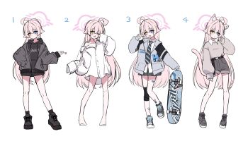 1girl absurdres ahoge alternate_costume animal_ears bandaid bandaid_on_leg bare_legs barefoot black_hoodie black_shoes black_shorts black_skirt blue_archive blue_eyes blue_necktie blush cat_ears cat_tail closed_mouth collared_shirt full_body grey_hoodie grey_shorts grey_skirt halo hand_in_pocket heterochromia highres hood hood_down hoodie hoshino_(blue_archive) jacket long_hair long_sleeves looking_at_viewer multiple_views naked_shirt necktie nifuji one_eye_closed open_clothes open_mouth oversized_clothes oversized_shirt pink_hair pink_halo pleated_skirt puffy_long_sleeves puffy_sleeves shirt shirt_tucked_in shoes shorts simple_background skateboard skirt sleeves_past_fingers sleeves_past_wrists smile sneakers standing tail white_background white_shirt yellow_eyes