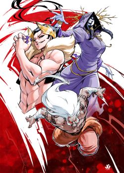 1girl 2boys abstract_background biceps black_hair bracelet commentary english_commentary facial_hair gold_bracelet grin highres hooded_robe jewelry jgeorgedrawz long_hair multiple_boys muscular muscular_male mutton_chops original purple_robe red_eyes robe short_hair smile topless_male white_hair