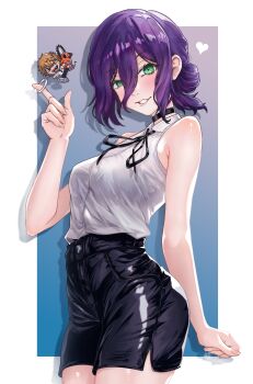 1girl absurdres black_choker black_ribbon black_shorts chainsaw_man character_charm charm_(object) choker collared_shirt denji_(chainsaw_man) green_eyes hair_bun highres monty1024 neck_ribbon pochita_(chainsaw_man) purple_hair reze_(chainsaw_man) ribbon shirt shirt_tucked_in short_shorts shorts sleeveless sleeveless_shirt solo white_shirt