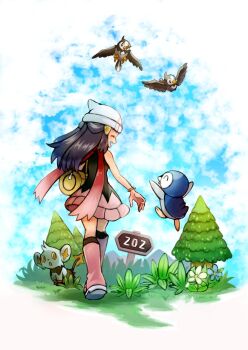 1girl bag beanie black_hair black_socks boots bracelet cloud commentary_request dawn_(pokemon) day duffel_bag flower full_body gen_4_pokemon grass hair_ornament hairclip hat highres jewelry kisama_(0213) kneehighs long_hair nintendo outdoors pink_boots pink_skirt piplup pokemon pokemon_(creature) pokemon_dppt red_scarf scarf shinx shirt sidelocks skirt sky sleeveless sleeveless_shirt socks standing starly tree white_headwear yellow_bag