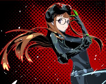 black-framed_eyewear black_background bodysuit cofffee cropped_legs from_side glasses goggles goggles_on_head hair_spread_out long_hair looking_at_viewer multicolored_background oracle_(persona_5) orange_hair persona persona_5 red_background sakura_futaba smile standing