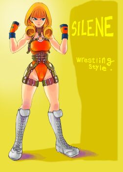 belt blonde_hair blue_eyes boots chest_harness choker curly_hair curly_sidelocks fighter's_impact gloves harness highres knee_boots leotard multiple_belts non-web_source o-ring orange_leotard silene_rambert strapless strapless_leotard wrestler wrestling_outfit