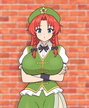 1girl absurdres black_bow black_bowtie blue_eyes blush bow bowtie braid breasts brick_wall collared_shirt crossed_arms dress eyebrows_hidden_by_hair facing_viewer green_dress green_hat hat highres hong_meiling large_breasts long_hair looking_at_viewer open_mouth parted_bangs red_hair shirt side_slit solo standing touhou twin_braids very_long_hair wrist_straps yoshio_hentai