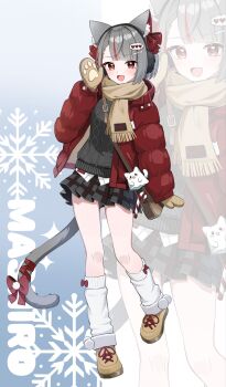 1girl animal_ear_fluff animal_ears aran_sweater asymmetrical_bangs bag bag_charm blue_background bow brown_scarf brown_shoes cable_knit candy candy_cane cat_ears cat_girl cat_tail character_charm character_name charm_(object) coat commentary earmuffs fang food footwear_bow full_body gradient_background grey_hair grey_skirt grey_sweater hair_bow hair_ornament hairclip heart heart_hair_ornament highres kneehighs looking_at_viewer maro_(neneko_mashiro) miniskirt mittens neneko_mashiro open_clothes open_coat open_mouth plaid_clothes plaid_skirt pleated_skirt prock red_bow red_coat red_eyes red_ribbon ribbon scarf shoes short_hair shoulder_bag skirt snowflake_background socks solo stellive sweater symbol-only_commentary tail tail_bow tail_ornament tail_ribbon virtual_youtuber walking white_socks winter_clothes winter_coat zoom_layer
