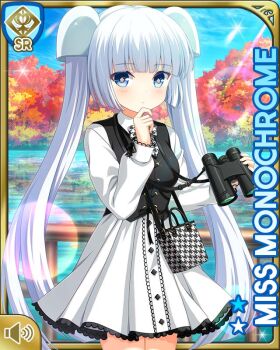 1girl autumn autumn_leaves binoculars black_footwear black_vest blue_eyes blunt_bangs bow card character_name closed_mouth day dress fence forest girlfriend_(kari) kneehighs leaf miss_monochrome miss_monochrome_(character) nature official_art outdoors qp:flapper ship socks solo tagme thinking twintails vest water watercraft white_bow white_dress white_hair wooden_fence