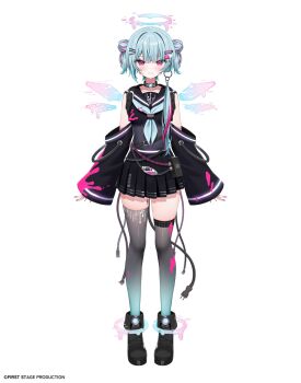 1girl aqua_hair aqua_neckerchief arms_at_sides asymmetrical_legwear black_choker black_footwear black_nails black_sailor_collar black_shirt black_skirt blush choker closed_mouth commentary_request copyright_name detached_sleeves detached_wings double_bun electric_plug endoluphy first_stage_production fold-over_boots full_body glitch gradient_thighhighs grey_thighhighs hair_between_eyes hair_bun hair_ornament hairclip halo highres long_sleeves looking_at_viewer miniskirt multicolored_hair multicolored_nails namagome_negi neckerchief official_art pill_hair_ornament pink_eyes pink_nails pleated_skirt sailor_collar shirt short_hair simple_background skirt sleeveless sleeveless_shirt sleeves_past_wrists smile solo standing straight-on streaked_hair thighhighs uneven_legwear usb virtual_youtuber white_background wide_sleeves wings wire zettai_ryouiki