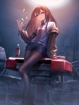 1girl arm_belt blue_eyes blue_shorts brown_hair brown_jacket brown_pantyhose chair commentary_request dr_pepper feet_out_of_frame fold-over_boots highres indoors jacket leaning_on_table long_hair long_sleeves looking_at_viewer mahjong mahjong_tile makise_kurisu necktie off_shoulder open_clothes open_jacket pantyhose pantyhose_under_shorts parted_lips red_necktie riichi_city science_adventure shorts solo sousou_(sousouworks) steins;gate