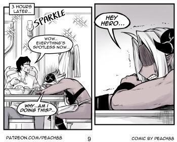 1boy 1girl abs alvida_(peach88) breasts clean cleavage comic dark-skinned_female dark_skin demon_girl demon_horns english_text glasses hero_(peach88) highres horns long_hair muscular muscular_female original peach88 pointy_ears sparks speech_bubble spoon tentacles trembling