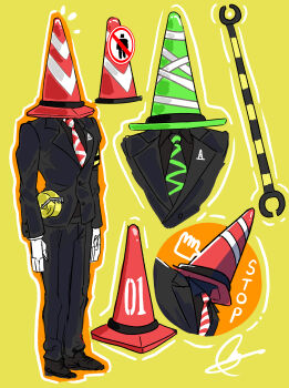 2boys armband arms_at_sides black_pants black_shoes black_suit buttons diagonal-striped_clothes diagonal-striped_necktie formal_clothes full_body gloves highres male_focus multiple_boys multiple_views necktie object_head original oshiro_(oshiro_0203) outline pants red_necktie road_sign shoes sign signature simple_background sketch standing striped_clothes suit traffic_cone traffic_cone_on_head white_gloves white_outline yellow_armband yellow_background