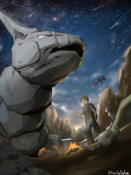 Rule 34 | 1boy, backpack, bag, bo (bouillustration), brock (pokemon), brown hair, campfire, clenched hand, closed eyes, commentary request, fire, gen 1 pokemon, geodude, highres, male focus, night, nintendo, onix, open mouth, outdoors, pants, pokemon, pokemon (creature), pokemon lgpe, shirt, short hair, short sleeves, sky, spiked hair, standing, star (sky), vest, vulpix, zubat