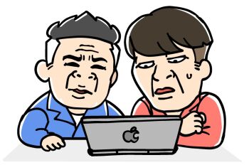 2boys apple_inc. bkub black_hair blue_shirt brown_hair clenched_hand collared_shirt commentary_request computer confused fujimoto_toshifumi haranishi_takayuki laptop looking_at_object male_focus multiple_boys real_life red_shirt shirt simple_background sweatdrop table white_background wrinkled_skin