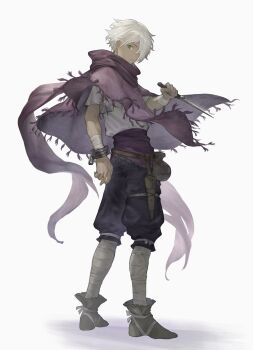 absurdres arm_up bandaged_arm bandaged_leg bandages black_footwear black_pants bracelet cloak commentary_request dagger dark-skinned_male dark_skin floating_clothes fujie_xy full_body grey_eyes hair_over_one_eye highres holding holding_dagger holding_knife holding_weapon jewelry knife looking_back octopath_traveler octopath_traveler_i pants parted_lips pouch purple_cloak purple_sash purple_scarf sash scabbard scarf shadow sheath shirt shirt_tucked_in short_hair short_sleeves simple_background standing therion_(octopath_traveler) weapon white_background white_hair white_shirt
