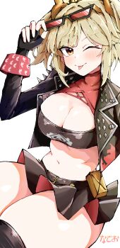 Rule 34 | 1girl, absurdres, black jacket, black skirt, black tube top, blonde hair, blush, breasts, burnice white, cleavage, commentary, commentary request, cowboy shot, cropped jacket, english commentary, eyewear on head, hand up, highres, jacket, large breasts, looking at viewer, midriff, mixed-language commentary, nadeko03, navel, one eye closed, red-tinted eyewear, red eyes, simple background, skirt, solo, spiked belt, spiked jacket, strapless, sunglasses, thighs, tinted eyewear, tongue, tongue out, tube top, white background, zenless zone zero