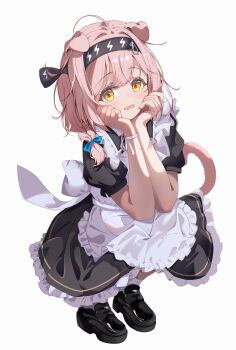 1girl absurdres animal_ears arknights black_shoes braid cat_ears cat_girl commentary_request goldenglow_(arknights) highres lizisys long_skirt looking_at_viewer maid open_mouth shoes shy single_braid skirt