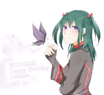 1girl birthday black_gloves black_jacket black_order_uniform blush breasts bug butterfly character_name commentary_request crossed_arms d.gray-man english_text fingerless_gloves gloves green_hair hair_between_eyes hair_over_shoulder hair_ribbon hand_up happy_birthday haru_(haru_04x) insect jacket lenalee_lee looking_at_viewer medium_hair military military_uniform purple_butterfly purple_eyes red_ribbon ribbon sidelocks simple_background single_glove small_breasts smile solo sparkle striped_clothes striped_jacket turtleneck turtleneck_jacket two_side_up vertical-striped_clothes vertical-striped_jacket white_background