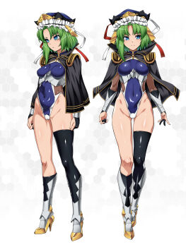 1girl asymmetrical_legwear black_hat black_thighhighs blue_leotard boots breasts commentary_request full_body green_eyes hat highleg highleg_leotard highres leotard medium_breasts multiple_views ootsuki_wataru shiki_eiki single_thighhigh taimanin_suit thighhighs touhou uneven_legwear