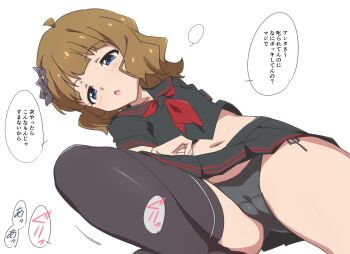 1girl black_panties black_serafuku black_skirt blue_eyes blush brown_hair commentary_request highres idolmaster idolmaster_million_live! loli midriff navel open_mouth panties school_uniform serafuku short_hair simple_background sitting skirt solo speech_bubble suou_momoko translation_request umanosuke underwear white_background