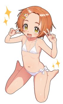 1girl bikini double_v flat_chest funifuchan hair_ornament hairclip highres idolmaster idolmaster_cinderella_girls idolmaster_cinderella_girls_u149 loli orange_hair ryuzaki_kaoru short_hair simple_background sitting swimsuit v wariza white_background white_bikini yellow_eyes