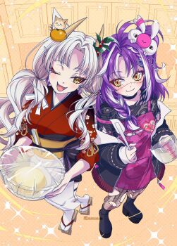 2girls alternate_hair_color apron artist_name black_choker black_footwear black_jacket black_ribbon black_shirt boots choker eye_print eyelashes fishnet_pantyhose fishnets floral_print floral_print_kimono food food-themed_hair_ornament fruit fruit_hair_ornament geta gold_horns hair_ornament hair_over_shoulder hair_ribbon heart highres holding holding_spatula horn_ornament horns indie_virtual_youtuber jacket japanese_clothes jared_(michi_mochievee) kimono long_braid long_hair mandarin_orange measuring_cup michi_mochievee michi_mochievee_(1st_costume) multicolored_hair multiple_girls obi off_shoulder okobo one_eye_closed onigiri_(vtuber) onigiri_(vtuber)_(winter) open_clothes open_jacket pantyhose platform_sandals print_kimono purple_apron purple_hair red_kimono ribbon sandals saraemi sash shirt sparkle spatula stitched_face stitches strap_slip streaked_hair torn_clothes torn_pantyhose virtual_youtuber vshojo white_hair white_ribbon yellow_eyes yellow_sash zipper