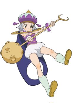 1girl angol_mois blue_cape boots brown_eyes cape detached_cape floating floating_object full_body grey_hair hat highres holding holding_staff jewelry keroro_gunsou open_mouth purple_hat purple_skirt ring rytoua318 shirt shoes short_hair simple_background skirt solo staff strapless strapless_shirt white_background white_boots white_shoes wrist_cuffs