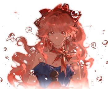 1girl :d air_bubble arknights bow breasts bubble cleavage earrings fading grin hair_bow haishen_miwang_de_jiyi haruka_(arknights) highres holding holding_microphone jewelry looking_at_viewer medium_breasts microphone open_mouth orange_eyes orange_hair pointy_ears purple_shirt red_bow shirt simple_background smile solo strapless strapless_shirt upper_body white_background